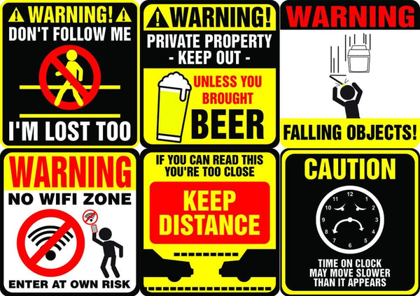 Funny warning signs Stickers - 12 Designs x 1 Set (12 pcs)