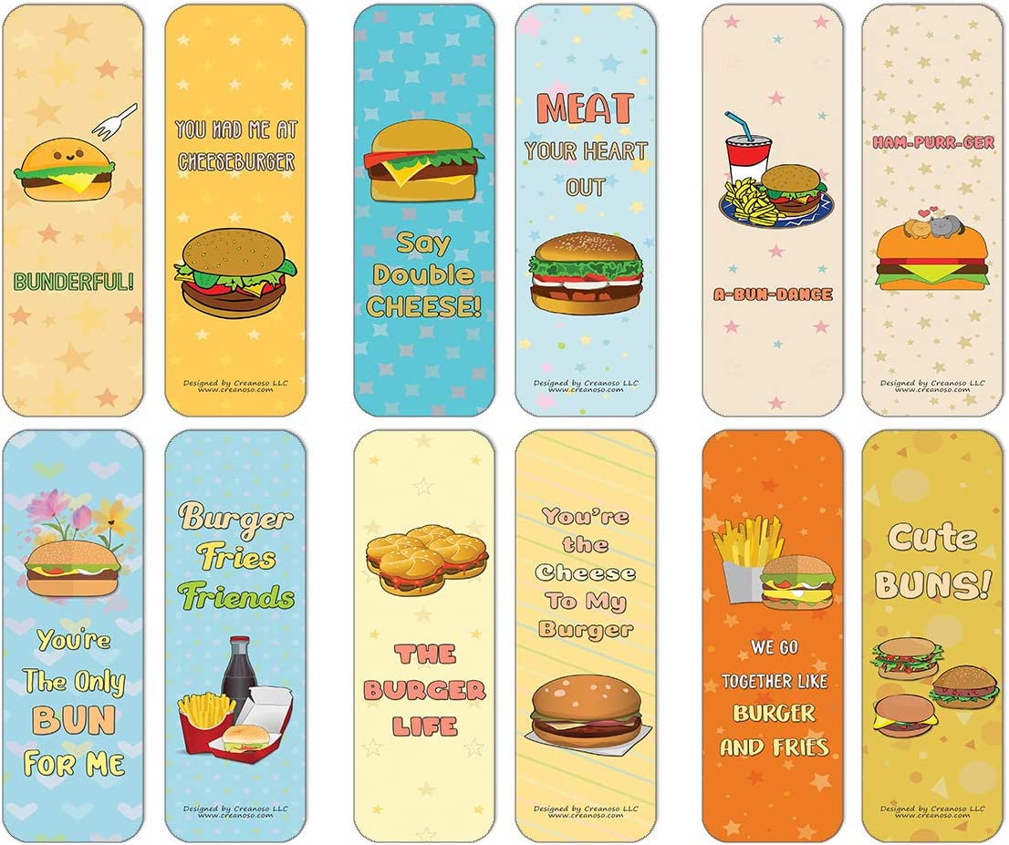 Creanoso Funny Burger Puns Bookmarks (60-Pack) - Premium Quality Gift Ideas for Children, Teens, & Adults for All Occasions - Stocking Stuffers Party Favor & Giveaways