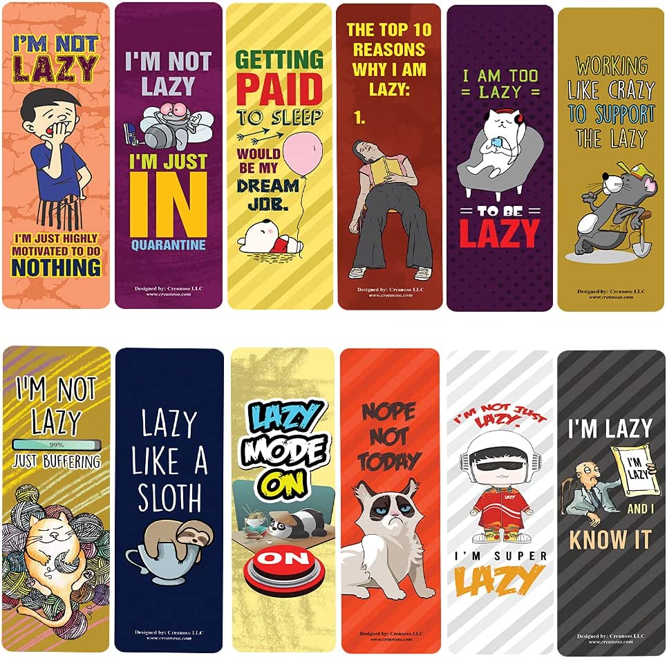 Creanoso Funny Lazy Bookmarks (12-Pack) - Stocking Stuffers Incentive Gift Ideas for Teens and Adults