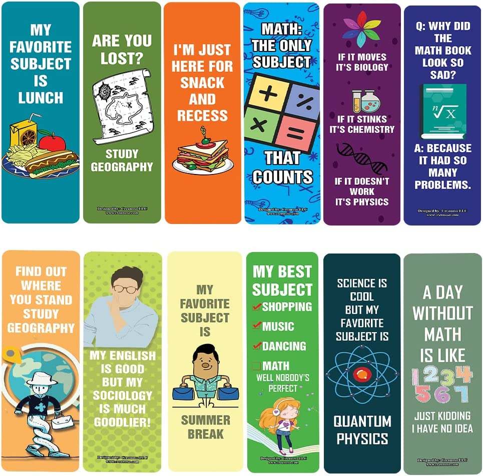 Creanoso Funny School Subject Bookmarks (5-Sets X 6 Cards) â€“ Daily Inspirational Card Set â€“ Interesting Book Page Clippers â€“ Great Gifts for Kids and Teens