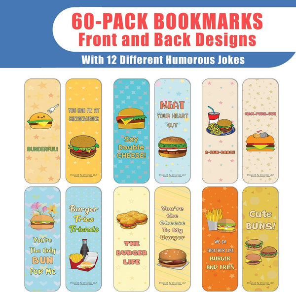 Creanoso Funny Burger Puns Bookmarks (60-Pack) - Premium Quality Gift Ideas for Children, Teens, & Adults for All Occasions - Stocking Stuffers Party Favor & Giveaways