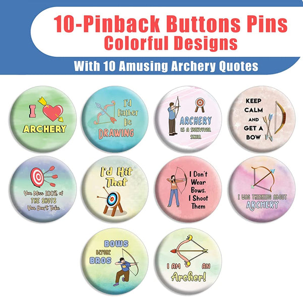 Creanoso Archery Pin buttons (1 X 10 Designs) - Stocking Stuffers Premium Quality Gift Ideas for Children, Teens, & Adults - Corporate Giveaways & Party Favors