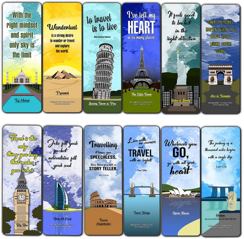 Creanoso Famous Travel Places Bookmarks (12-Pack) - Cool and Unique Book Marker Cards Bulk Pack - Set Business Corporate Gift Ideas