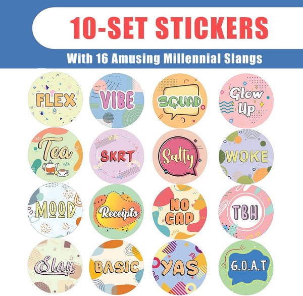 Creanoso Funny Millennial Slangs Stickers (10 Sets X 16 Designs) â€“ Sticker Card Giveaways for Kids â€“ Awesome Stocking Stuffers Gifts for Boys & Girls â€“ Classroom Home Rewards Enticements