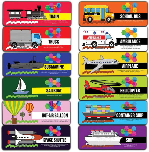 Transportation Vocabolary Bookmarks (30-Pack)-Stocking Stuffers Premium Quality Gift Ideas for Children, Teens, Adults - Corporate Giveaways & Party Favors