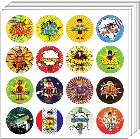 Creanoso Kids German Reward Stickers - Superhero Comic (10-Sheet)- Awesome Stocking Stuffers Gifts for Boys & Girls, Children, Teens - Classroom and School Reward Incentives - Colorful Gift Card