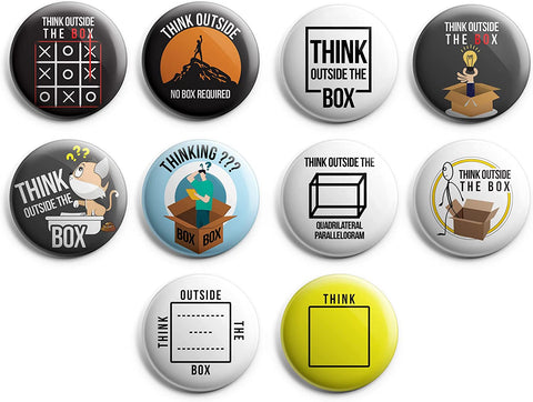 Creanoso Funny Think Outside The Box Pinback Buttons (1-Set x 10 Pack) - Stocking Stuffers Premium Quality Gift Ideas for Children, Teens, & Adults - Corporate Giveaways & Party Favors