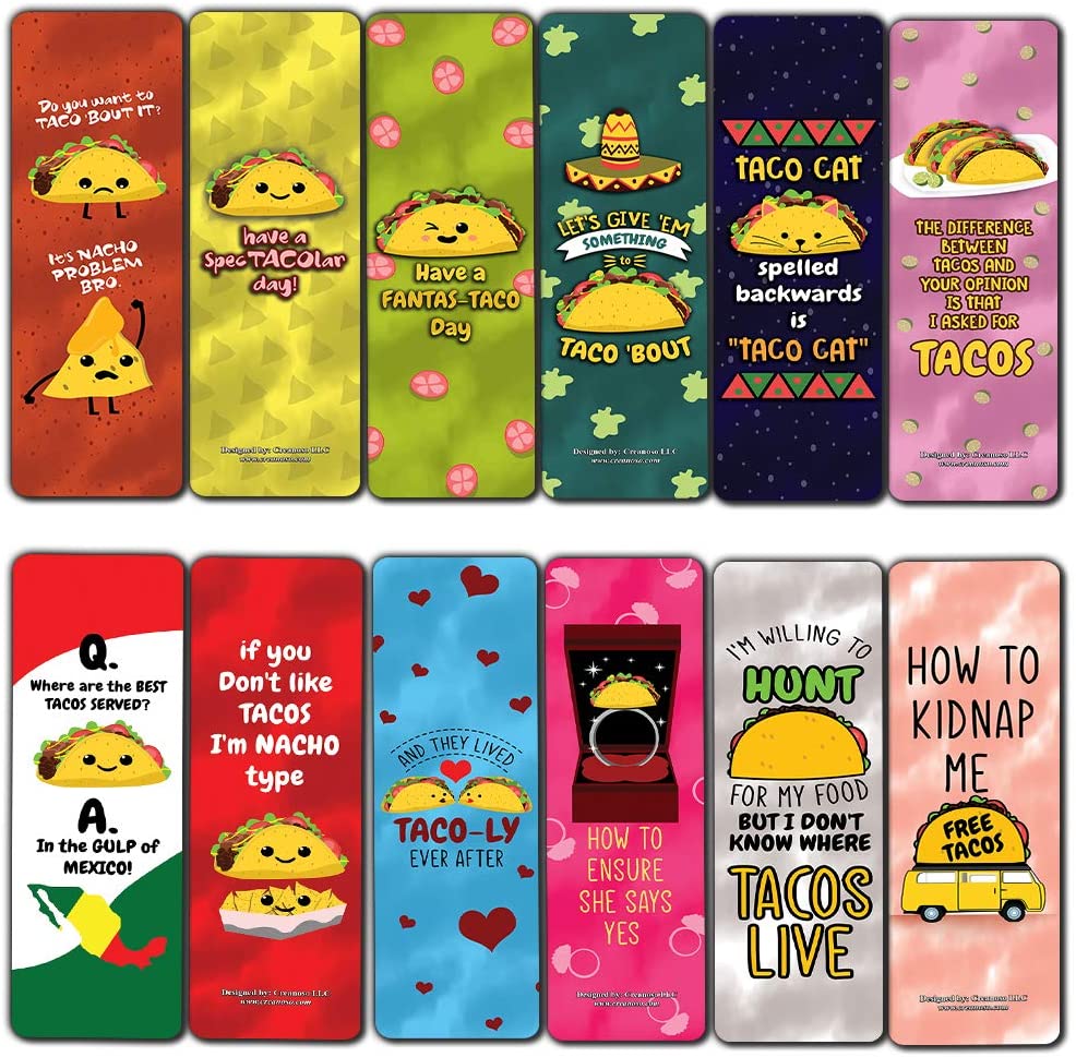 Funny Tacos Puns Jokes Bookmarks (60-Pack) - Unique Stocking Stuffers Gifts for Boys & Girls, Unisex Adults ÃƒÂ¢Ã¢â€šÂ¬Ã¢â‚¬Å“ Cool Book Page Clippers Collection Set for Kids ÃƒÂ¢Ã¢â€šÂ¬Ã¢â‚¬Å“ Awesome Giveaways