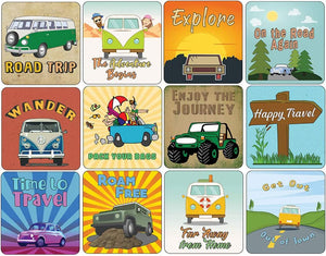 Creanoso Road Trip Stickers - 12 Stickers (3-Sheets) - Stocking Stuffers Premium Quality Gift Ideas for Children, Teens, & Adults - Corporate Giveaways & Party Favors