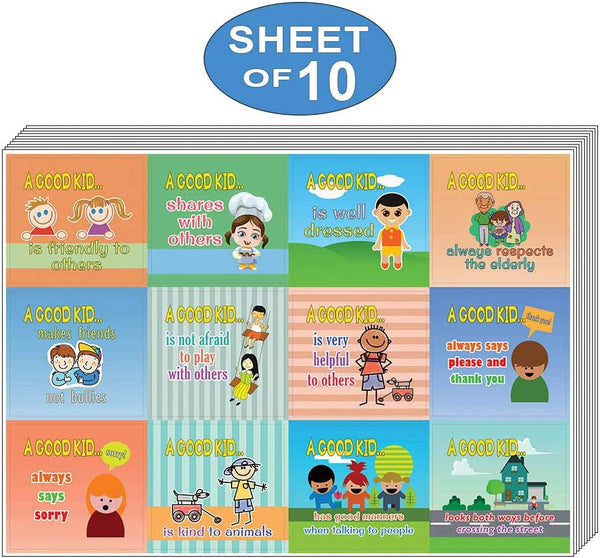 Creanoso A Good Kid Behavior Stickers - Outside (10-Sheet) â€“ Total 120 pcs (10 X 12pcs) Individual Small Size 2.1 x 2. Inches , Waterproof, Unique Personalized Themes Designs, Any Flat Surface DIY Decoration Art Decal for Boys & Girls, Children, Teens