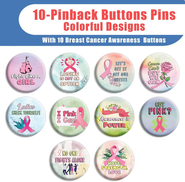 Creanoso Breast Cancer Awareness Pin Buttons (1-Set X 10 Buttons) - Stocking Stuffers Premium Quality Gift Ideas for Children, Teens, & Adults - Corporate Giveaways & Party Favors