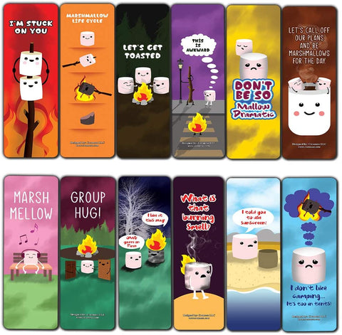 Cute Marshmallow Puns Jokes Bookmarks (30-Pack) - Six Assorted Quality Bookmarker Cards Set Ã¢â‚¬â€œ Premium Gift Token Giveaways for Boys & Girls, Men, Women, Adults Ã¢â‚¬â€œ Cool Book Page Clippers