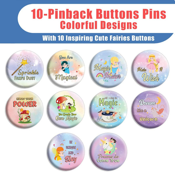 Creanoso Cute Fairies Pin buttons (1-Set X 10 Buttons) - Stocking Stuffers Premium Quality Gift Ideas for Children, Teens, & Adults - Corporate Giveaways & Party Favors