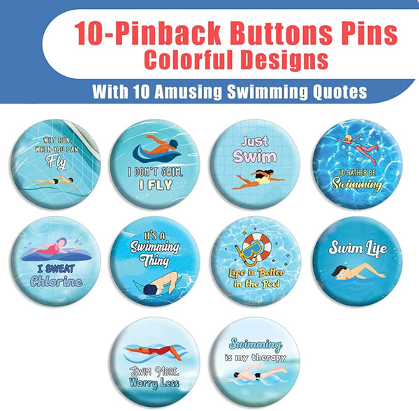 Creanoso Swimming Pin buttons (1 X 10 Designs) - Stocking Stuffers Premium Quality Gift Ideas for Children, Teens, & Adults - Corporate Giveaways & Party Favors
