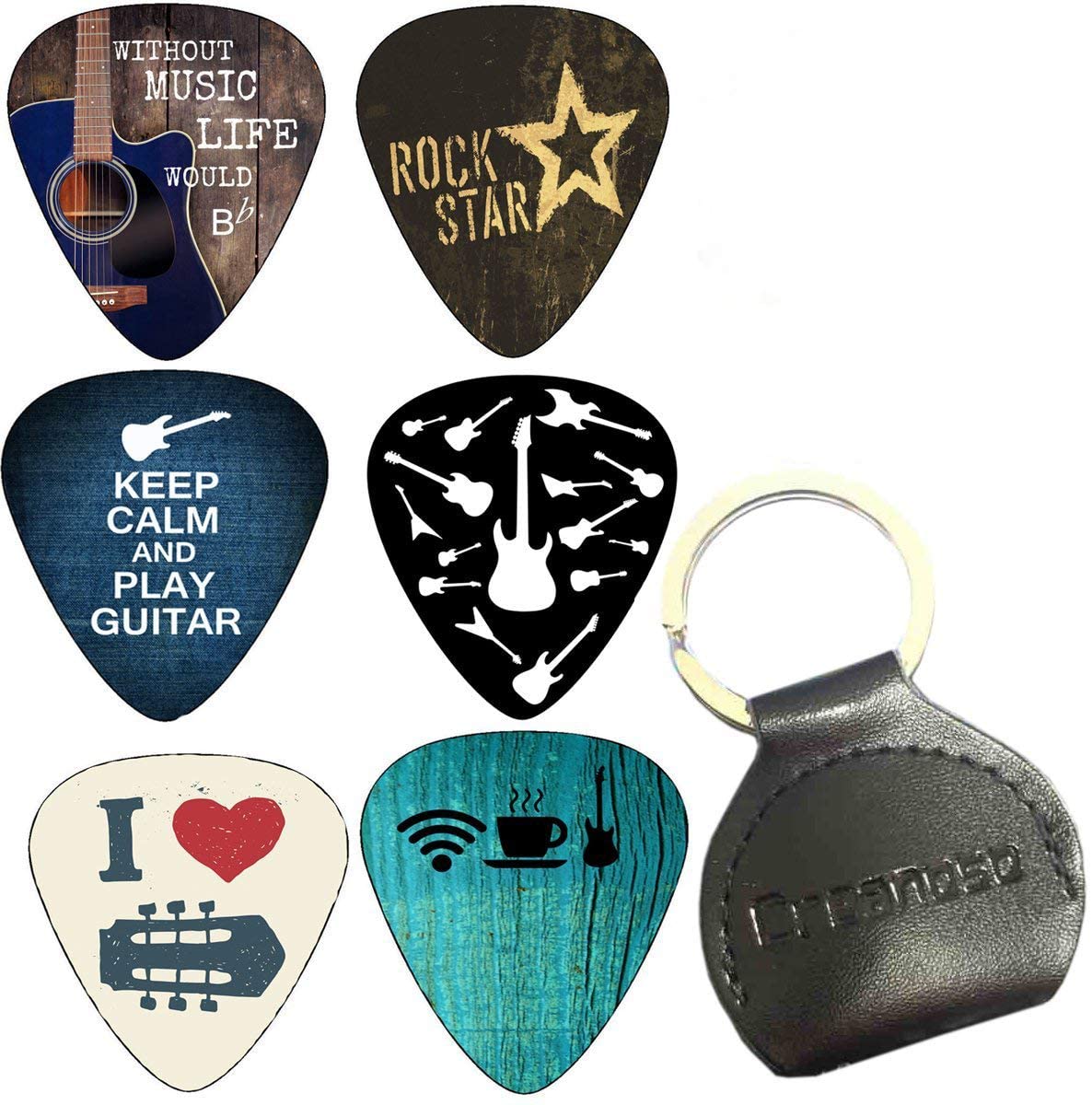 Creanoso Cool Guitar Picks (12-Pack) - FREE Leather Pick Holder - Celluloid - Assorted Unique Design - for Electric Guitar, Acoustic Guitar, Mandolin, and Bass (Cool 12 Pack (3 Sizes, H M L))