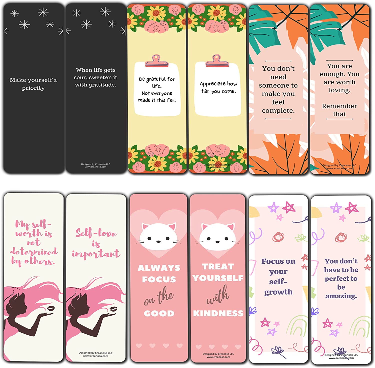Creanoso Self-Appreciation Bookmarks Series 2 (10-Sets X 6 Cards) â€“ Daily Inspirational Card Set â€“ Interesting Book Page Clippers â€“ Great Gifts for Adults and Teens