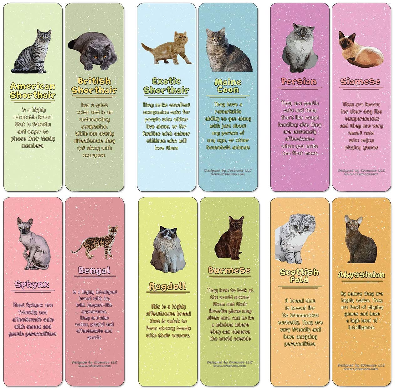 Creanoso Cat breeds and Characteristics Bookmarks (60-Pack) - Premium Quality Gift Ideas for Children, Teens, & Adults for All Occasions - Stocking Stuffers Party Favor & Giveaways