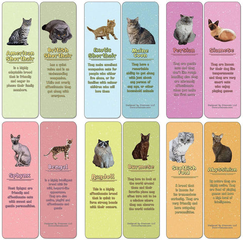 Creanoso Cat breeds and Characteristics Bookmarks (60-Pack) - Premium Quality Gift Ideas for Children, Teens, & Adults for All Occasions - Stocking Stuffers Party Favor & Giveaways