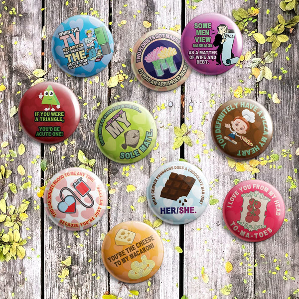 Creanoso Funny I love you couple puns for him and her Button Pins (1-Set X 10 Buttons) - Stocking Stuffers Premium Quality Gift Ideas for Children, Teens, & Adults - Corporate Giveaways & Party Favors