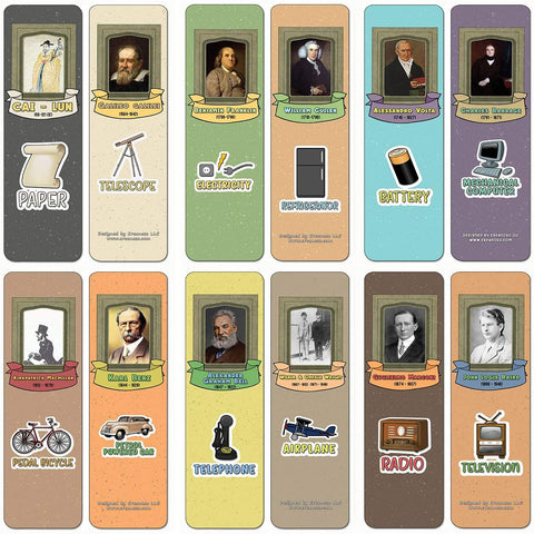 Creanoso Famous Male Inventors and their Inventions Educational Bookmarks Cards (60-Pack) - Premium Gift Ideas for Children, Teens, & Adults - Stocking Stuffers Party Favor & Giveaways