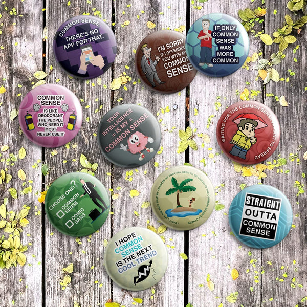 Creanoso Funny Common Sense Button Pins (1-Set X 10 Buttons) - Stocking Stuffers Premium Quality Gift Ideas for Children, Teens, & Adults - Corporate Giveaways & Party Favors