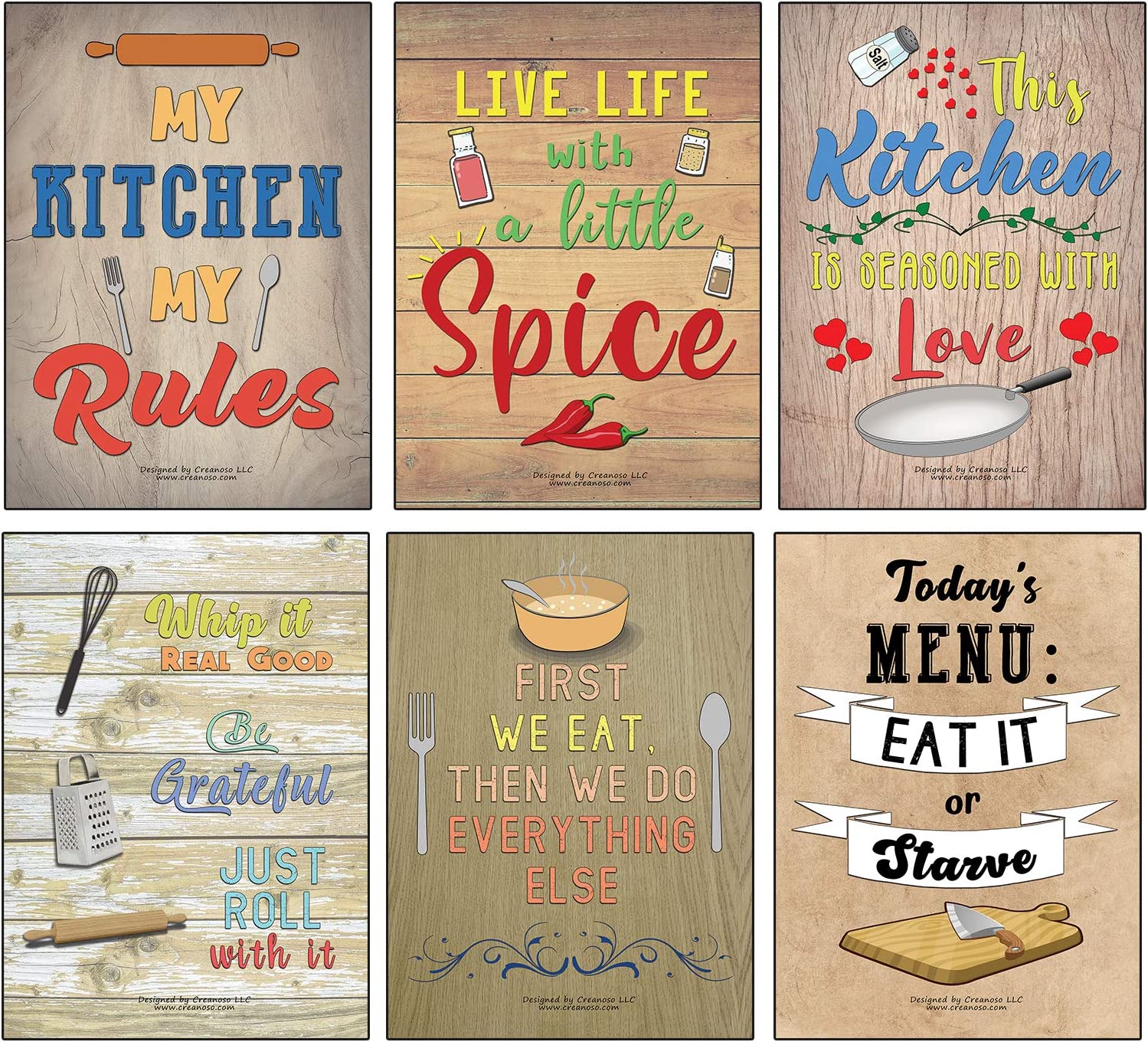 Creanoso Kitchen Quotes and Sayings Poster Prints (24-Pack) - Stocking Stuffers Gifts for Men Women Professionals Adults â€“ Cool Wall Art Decal DÃ©cor for Home Office Classroom Storage Room â€“ Great for Wall Hanging
