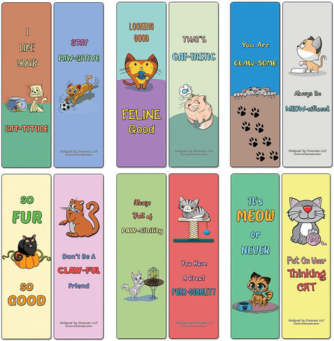 Creanoso Cat Puns Bookmarks (60-Pack) - Inspiring and Funny Feline Quotes - Perfect Gift Ideas for Family and Friends -Stocking Stuffer Classroom Incentives