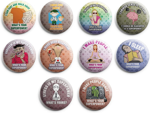 Creanoso Funny What's your Superpower Button Pins (1-Set X 10 Buttons) - Stocking Stuffers Premium Quality Gift Ideas for Children, Teens, & Adults - Corporate Giveaways & Party Favors