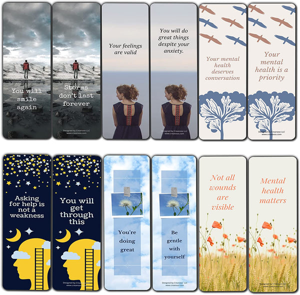 Creanoso Mental Health Matters Bookmarks (2-Sets X 6 Cards) â€“ Daily Inspirational Card Set â€“ Interesting Book Page Clippers â€“ Great Gifts for Adults and Teens