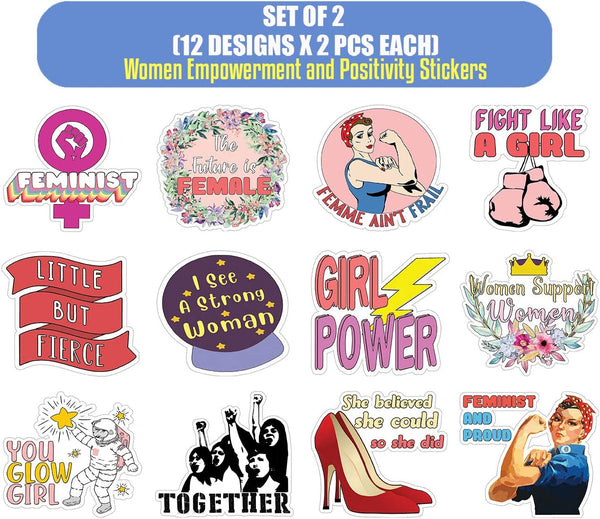 FeministÂ Stickers - 2 Bulk Sets (12 des. x 2pcs ea.) -approx. A7-sized 3.55x 3.94 in. Stocking Stuffers Premium Quality Gift Ideas for Children, Teens, & Adults - Corporate Giveaways & Party Favors