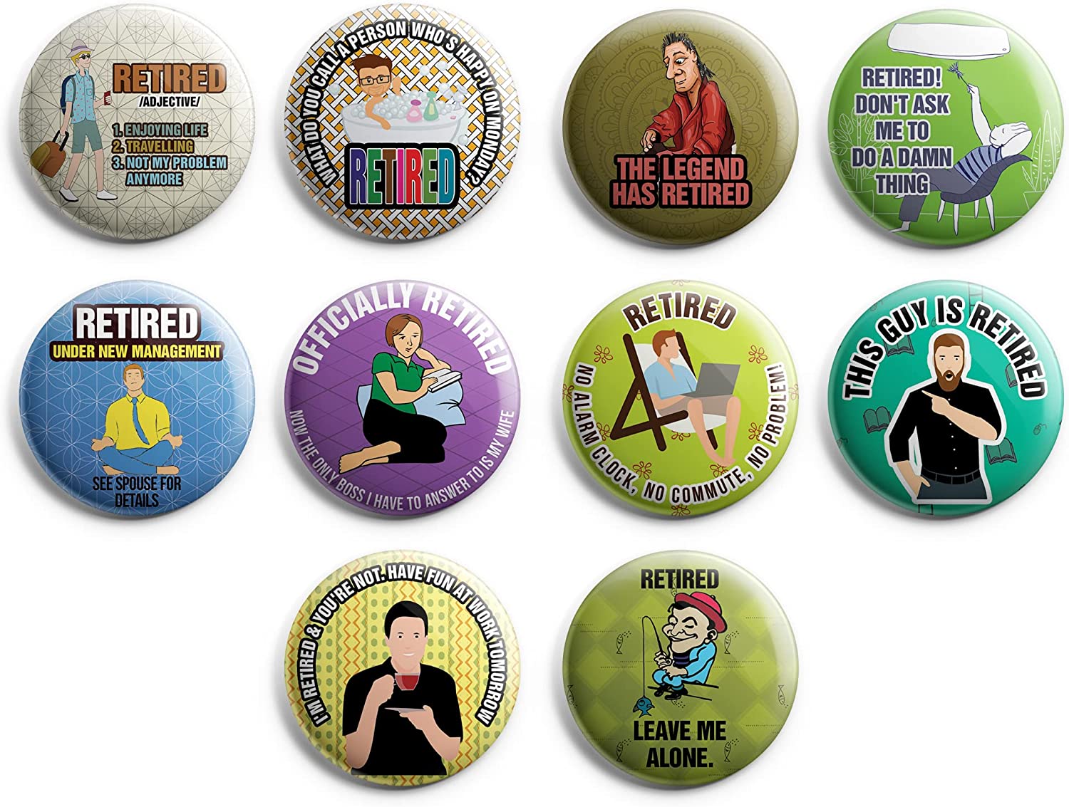 Creanoso Funny Retired Pinback Buttons (1-Set X 10 Buttons) - Stocking Stuffers Premium Quality Gift Ideas for Children, Teens, & Adults - Corporate Giveaways & Party Favors