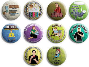 Creanoso Funny Retired Pinback Buttons (1-Set X 10 Buttons) - Stocking Stuffers Premium Quality Gift Ideas for Children, Teens, & Adults - Corporate Giveaways & Party Favors