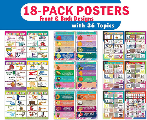 Creanoso Children Pre-School Elementary Educational Learning Posters (18-Pack with 36 Subjects)