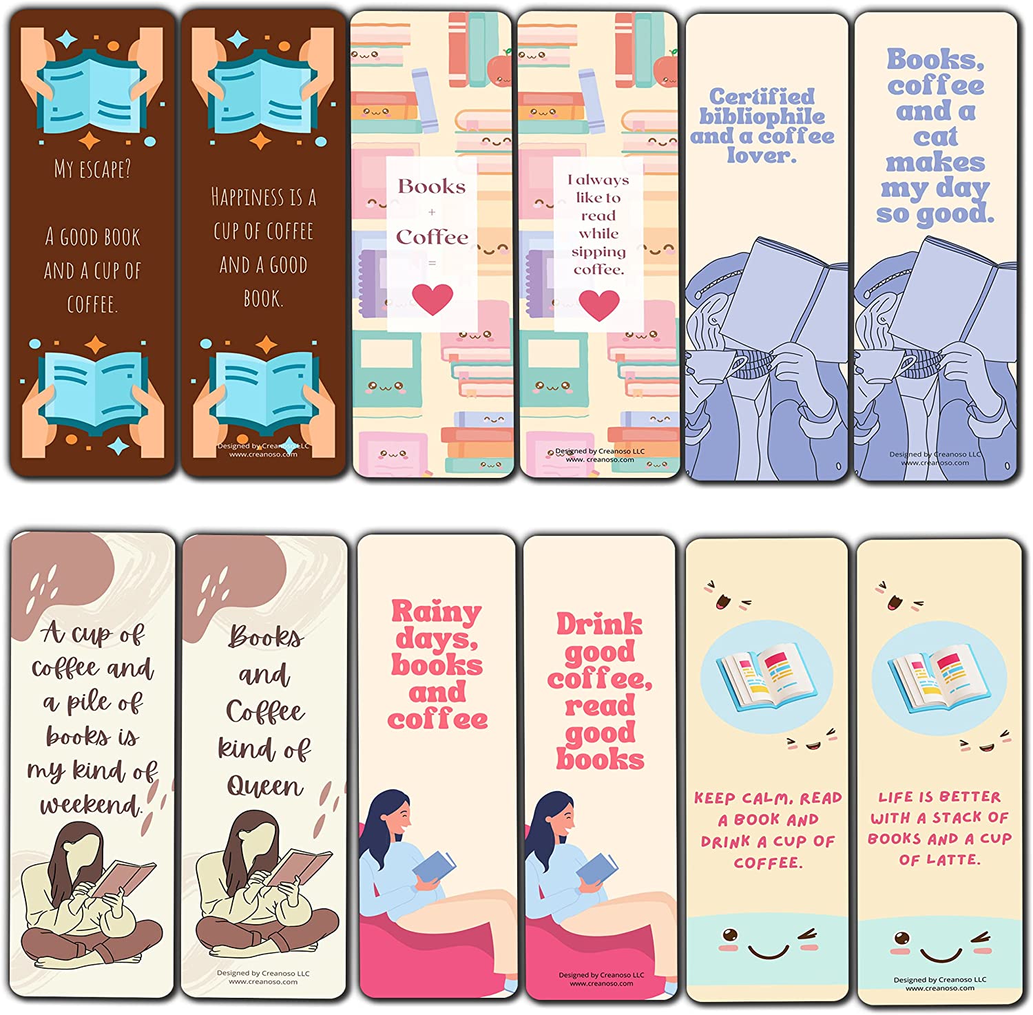 Creanoso Books and Coffee Lovers Bookmarks (10-Sets X 6 Cards) â€“ Daily Inspirational Card Set â€“ Interesting Book Page Clippers â€“ Great Gifts for Adults and Teens