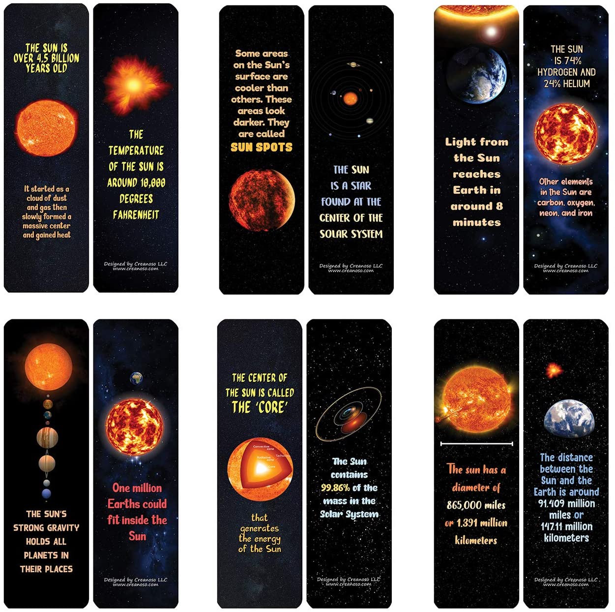 Creanoso Fun Sun Facts Bookmarks (60-Pack) - Premium Quality Gift Ideas for Children, Teens, & Adults for All Occasions - Stocking Stuffers Party Favor & Giveaways