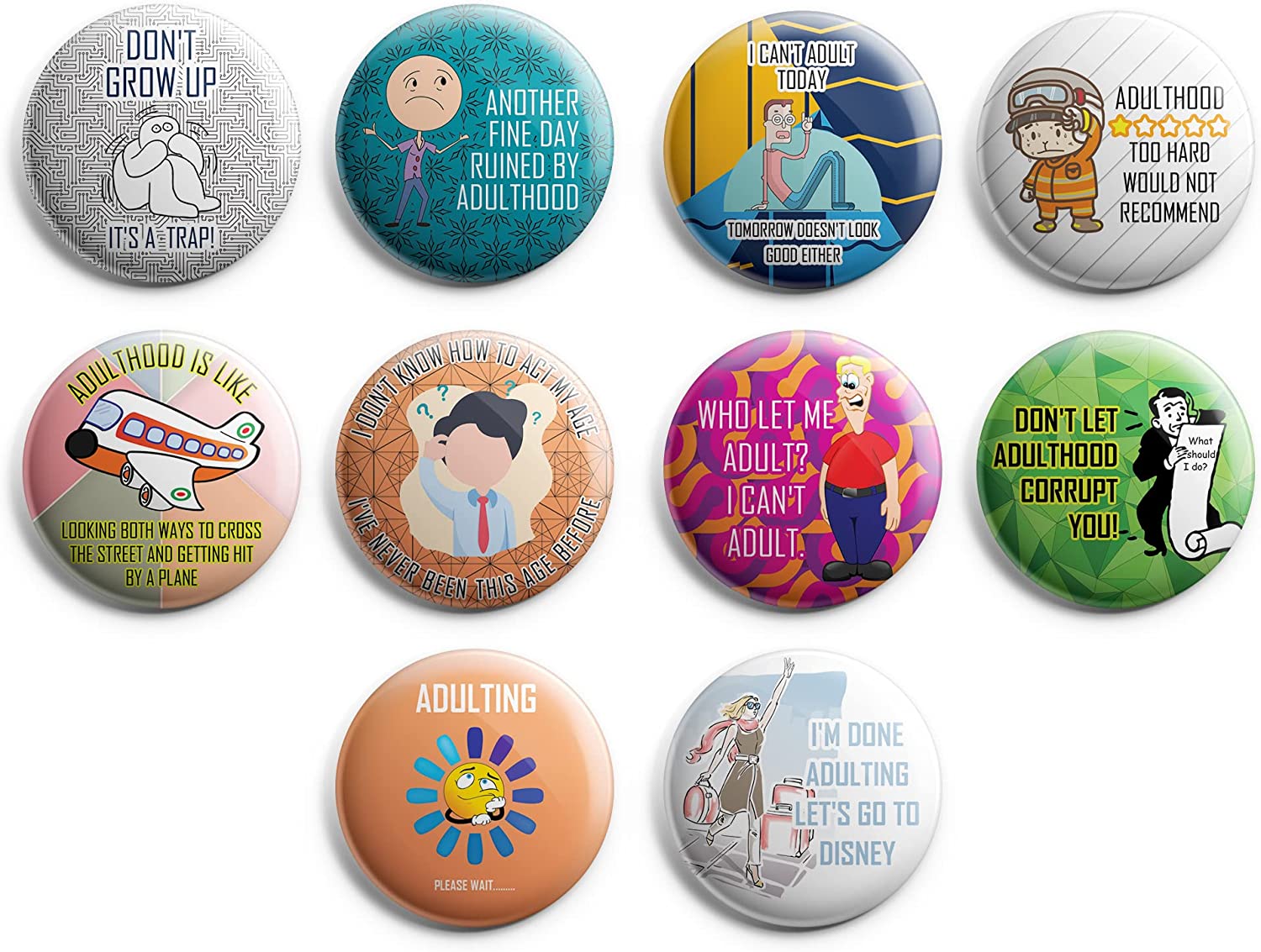 Creanoso Funny Adulthood Button Pins (1-Set X 10 Buttons) - Stocking Stuffers Premium Quality Gift Ideas for Children, Teens, & Adults - Corporate Giveaways & Party Favors