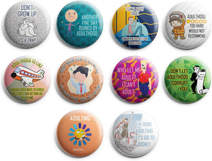 Creanoso Funny Adulthood Button Pins (1-Set X 10 Buttons) - Stocking Stuffers Premium Quality Gift Ideas for Children, Teens, & Adults - Corporate Giveaways & Party Favors