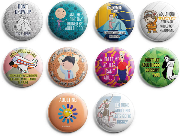 Creanoso Funny Adulthood Button Pins (1-Set X 10 Buttons) - Stocking Stuffers Premium Quality Gift Ideas for Children, Teens, & Adults - Corporate Giveaways & Party Favors