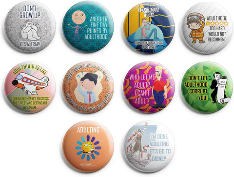 Creanoso Funny Adulthood Button Pins (1-Set X 10 Buttons) - Stocking Stuffers Premium Quality Gift Ideas for Children, Teens, & Adults - Corporate Giveaways & Party Favors