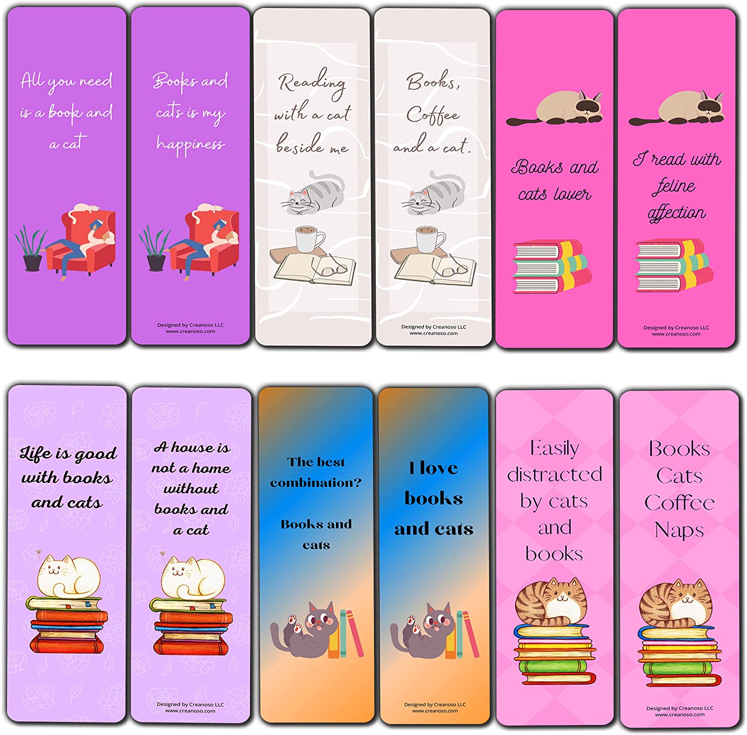 Creanoso Books and Cats Enthusiasts Bookmarks (5-Sets X 6 Cards) â€“ Daily Inspirational Card Set â€“ Interesting Book Page Clippers â€“ Great Gifts for Adults and Teens