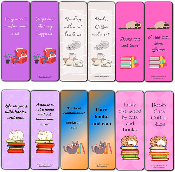 Creanoso Books and Cats Enthusiasts Bookmarks (2-Sets X 6 Cards) â€“ Daily Inspirational Card Set â€“ Interesting Book Page Clippers â€“ Great Gifts for Adults and Teens