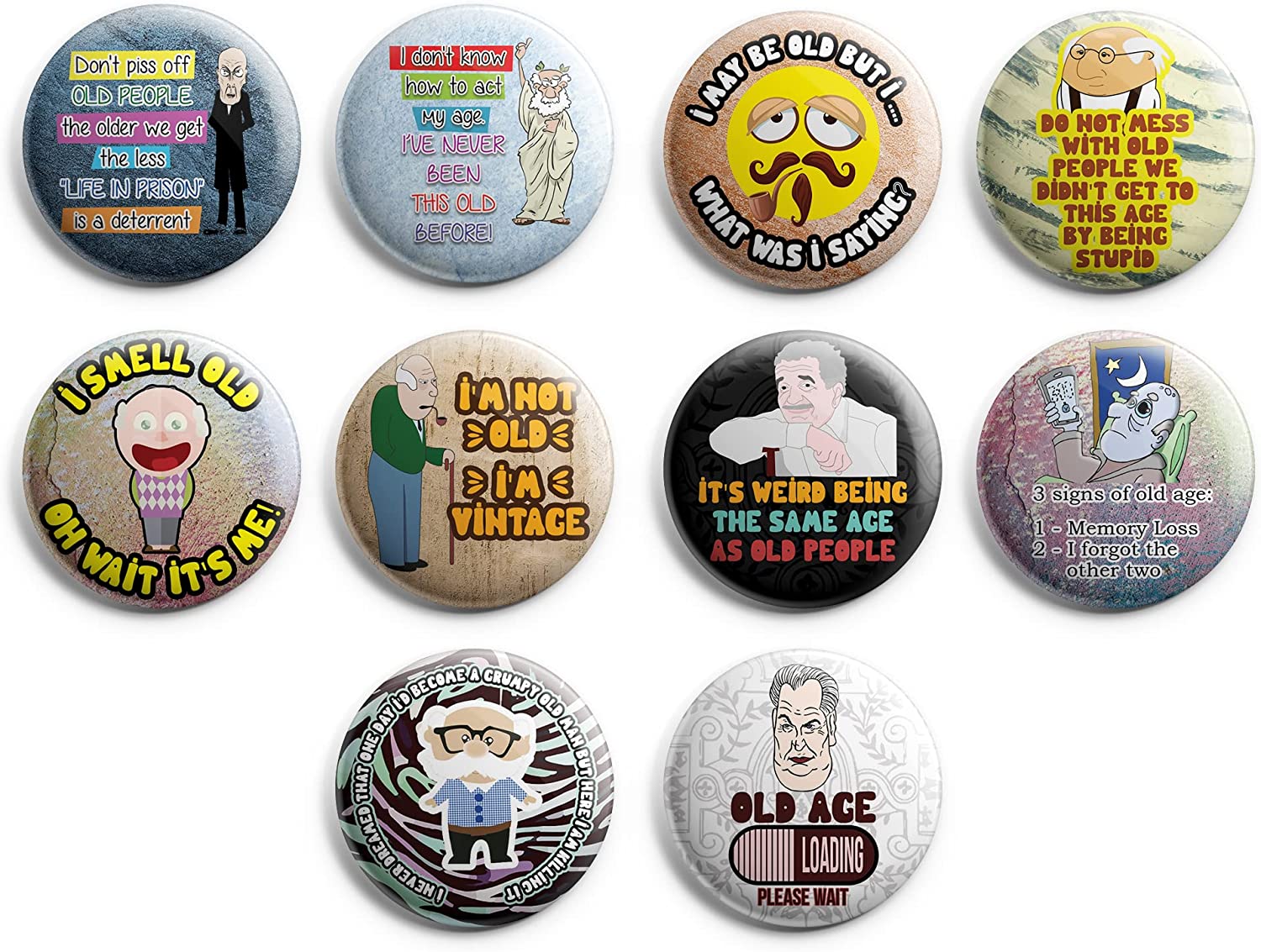 Creanoso Funny Old Age Button Pins (1-Set X 10 Buttons) - Stocking Stuffers Premium Quality Gift Ideas for Children, Teens, & Adults - Corporate Giveaways & Party Favors