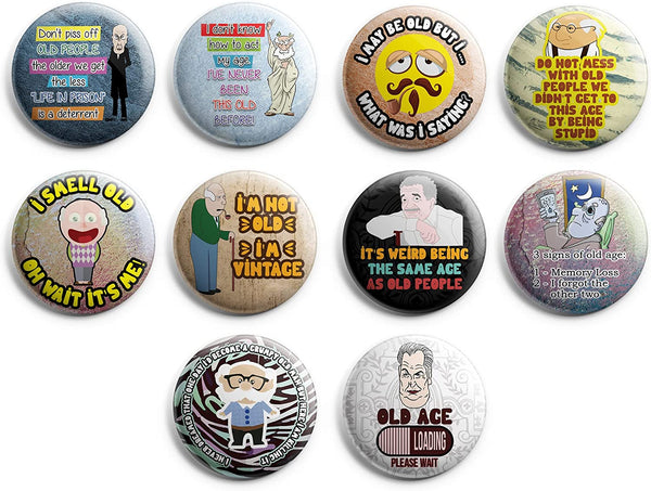 Creanoso Funny Old Age Button Pins (1-Set X 10 Buttons) - Stocking Stuffers Premium Quality Gift Ideas for Children, Teens, & Adults - Corporate Giveaways & Party Favors