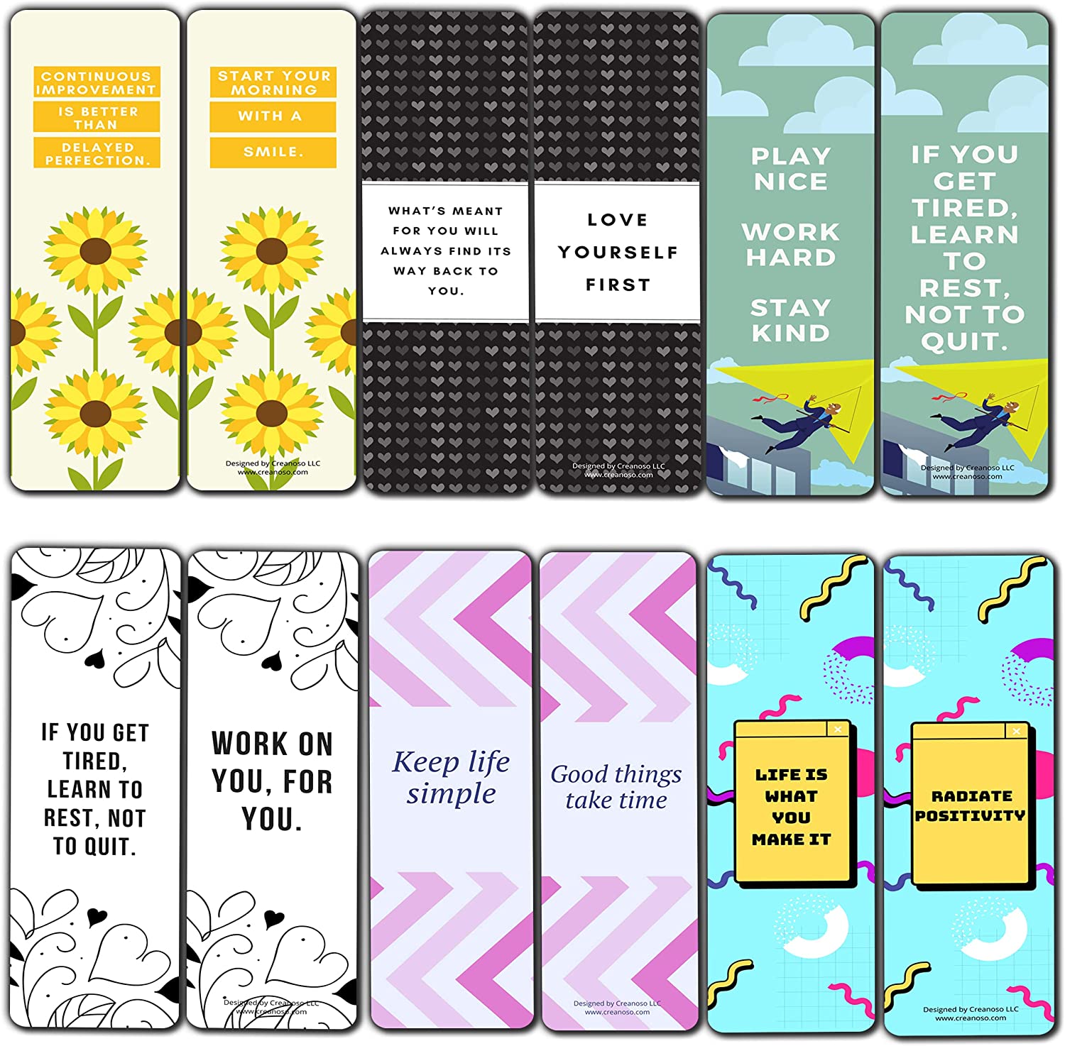Creanoso Cute Inspirational Bookmarks Series 1 (10-Sets X 6 Cards) â€“ Daily Inspirational Card Set â€“ Interesting Book Page Clippers â€“ Great Gifts for Adults and Teens