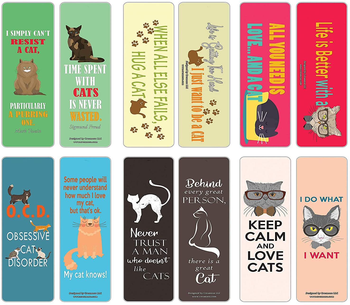 Creanoso Cat Bookmarks for Men, Women, Boys, Girls, Teens (30-Pack) Ã¢â‚¬â€œ Premium Reading Gifts Token Card Set (6 Designs x 5 pcs each = Total 30 pcs)