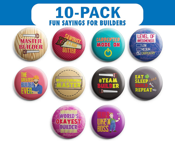 Creanoso I am a Builder Pinback Buttons (1 Set x 10 Buttons) - Stocking Stuffers Premium Quality Gift Ideas for Children, Teens, & Adults - Corporate Giveaways & Party Favors
