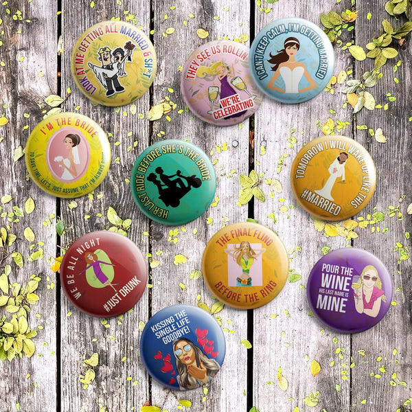 Creanoso Funny Bridal Shower Button Pins (1-Set X 10 Buttons) - Stocking Stuffers Premium Quality Gift Ideas for Children, Teens, & Adults - Corporate Giveaways & Party Favors