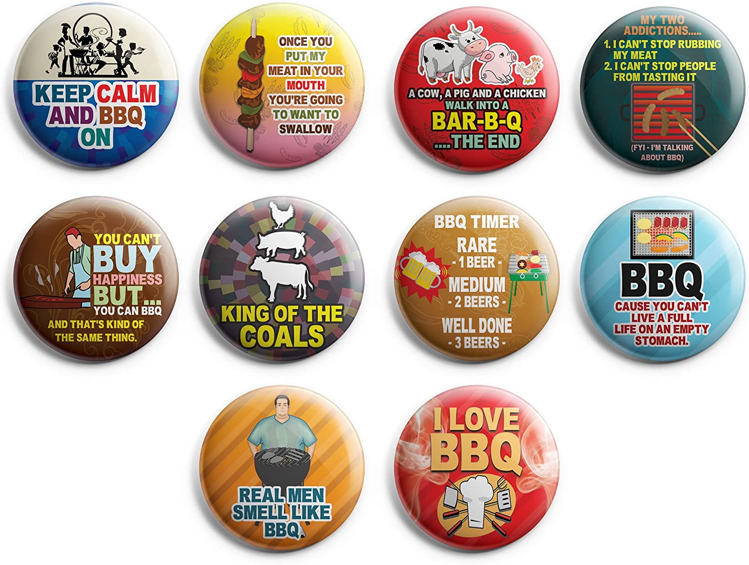 Creanoso Funny Barbecue Sayings Button Pins (1-Set X 10 Buttons) - Stocking Stuffers Premium Quality Gift Ideas for Children, Teens, & Adults - Corporate Giveaways & Party Favors