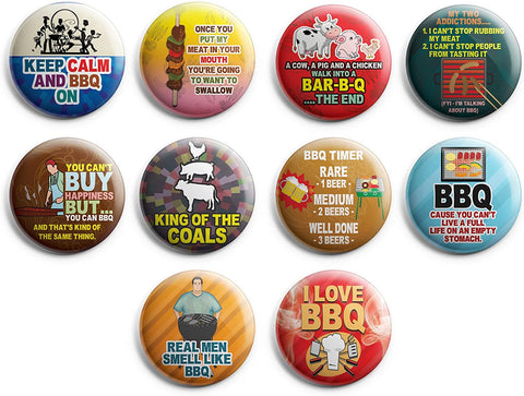 Creanoso Funny Barbecue Sayings Button Pins (1-Set X 10 Buttons) - Stocking Stuffers Premium Quality Gift Ideas for Children, Teens, & Adults - Corporate Giveaways & Party Favors