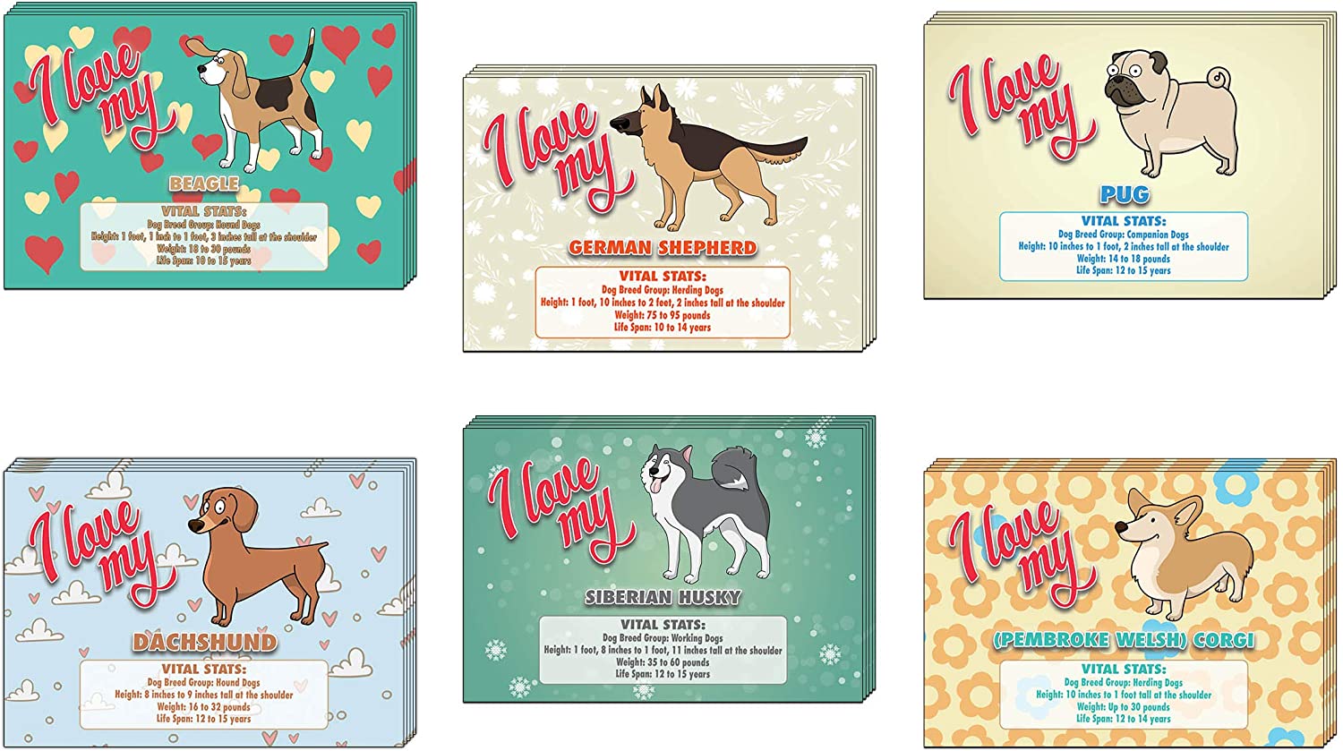 Creanoso Colorful I Love My Dog Postcards (30-Pack) â€“ German Shephard, Siberian Husky, Beagle, Pug, Dachshund, Corgi with Vital Stats â€“ 6 Greeting Cards Designs - Premium Greeting Cards Set